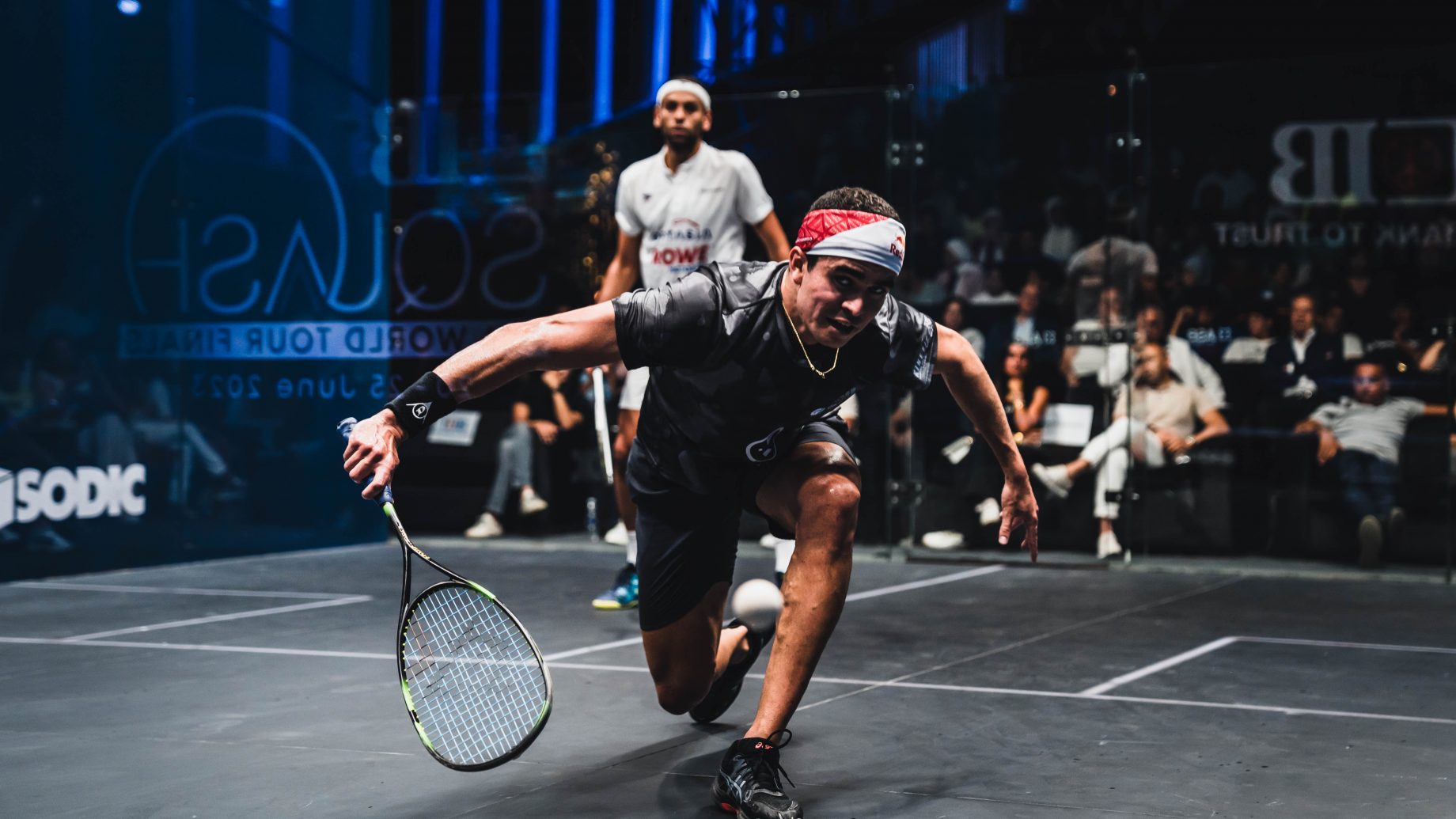 Diego Elias (fore) takes on Mohamed ElShorbagy during the CIB PSA World Tour Finals.
