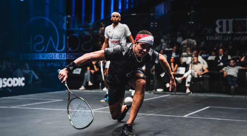 Diego Elias (fore) takes on Mohamed ElShorbagy during the CIB PSA World Tour Finals.