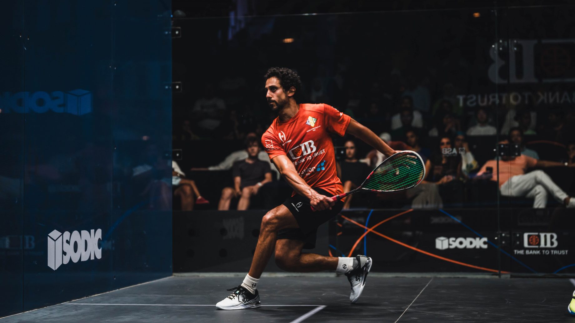 Tarek Momen in action during the CIB PSA World Tour Finals
