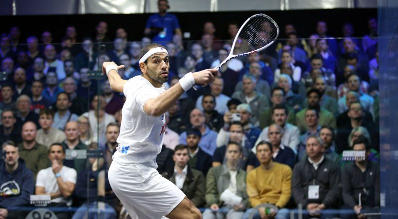 Mohamed ElShorbagy in action during the 2023 Canary Wharf Classic.
