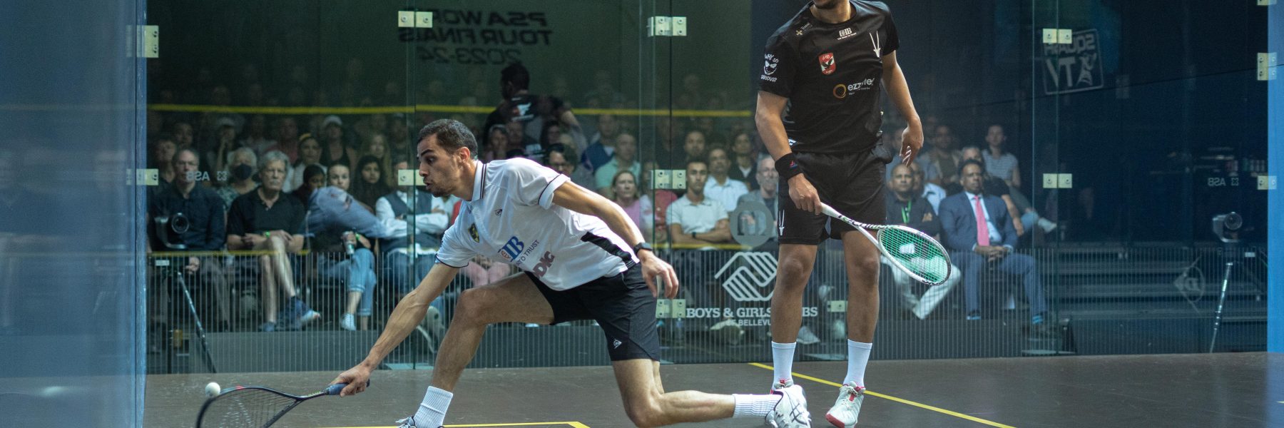 Ali Farag (left) takes on Mostafa Asal