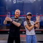 Joel Makin (left) and Nouran Gohar (right) with the 2024-25 PSA Squash Tour Finals trophies.
