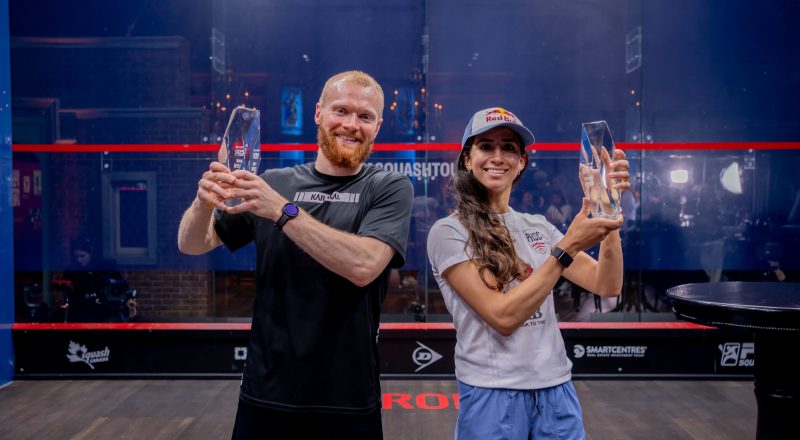 Joel Makin (left) and Nouran Gohar (right) with the 2024-25 PSA Squash Tour Finals trophies.