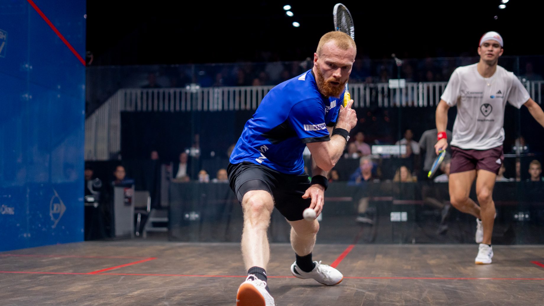 Joel Makin takes on Diego Elias during the PSA Squash Tour Finals.