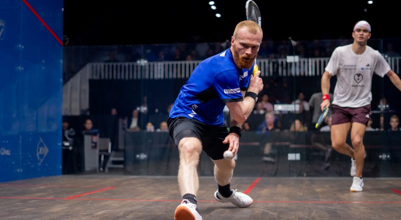 Joel Makin takes on Diego Elias during the PSA Squash Tour Finals.