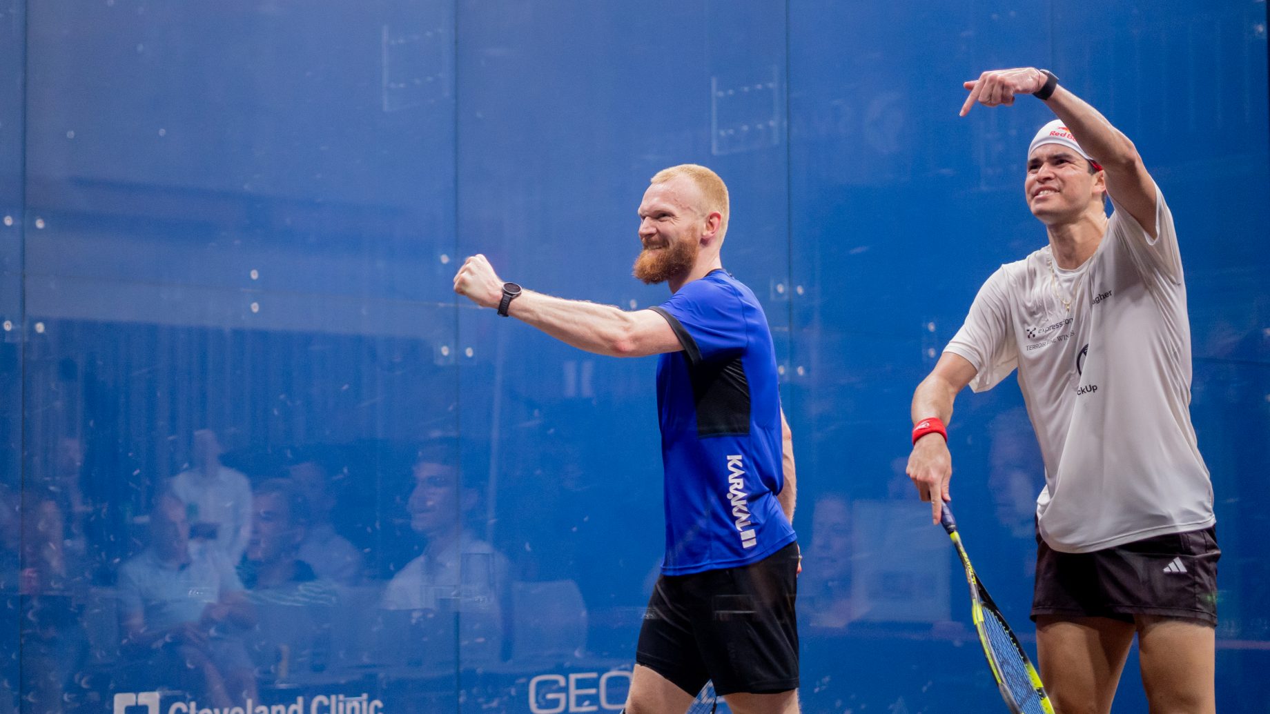 Joel Makin celebrates against Diego Elias during the PSA Squash Tour Finals.