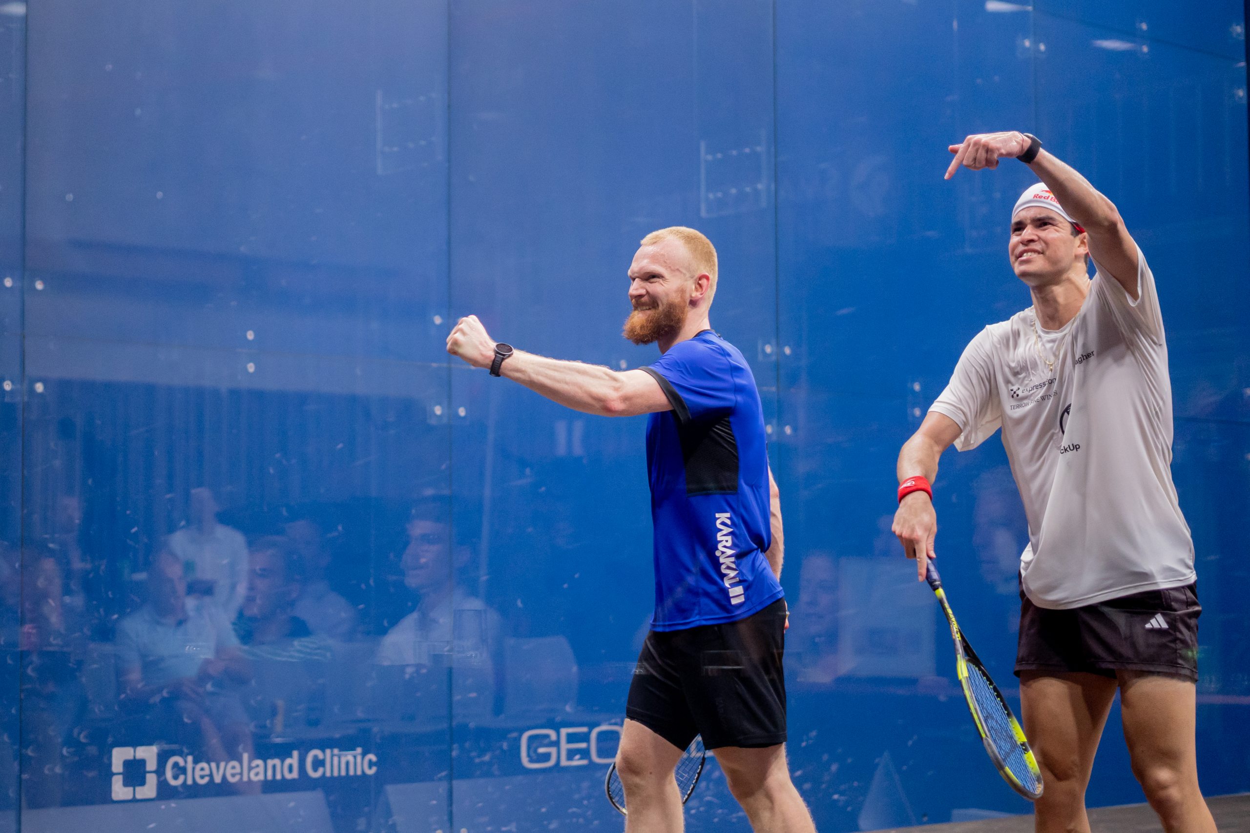 Joel Makin celebrates against Diego Elias during the PSA Squash Tour Finals.