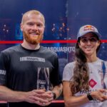 Joel Makin (left) and Nouran Gohar (right) with the 2024-25 PSA Squash Tour Finals trophies