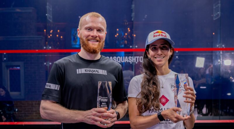 Joel Makin (left) and Nouran Gohar (right) with the 2024-25 PSA Squash Tour Finals trophies